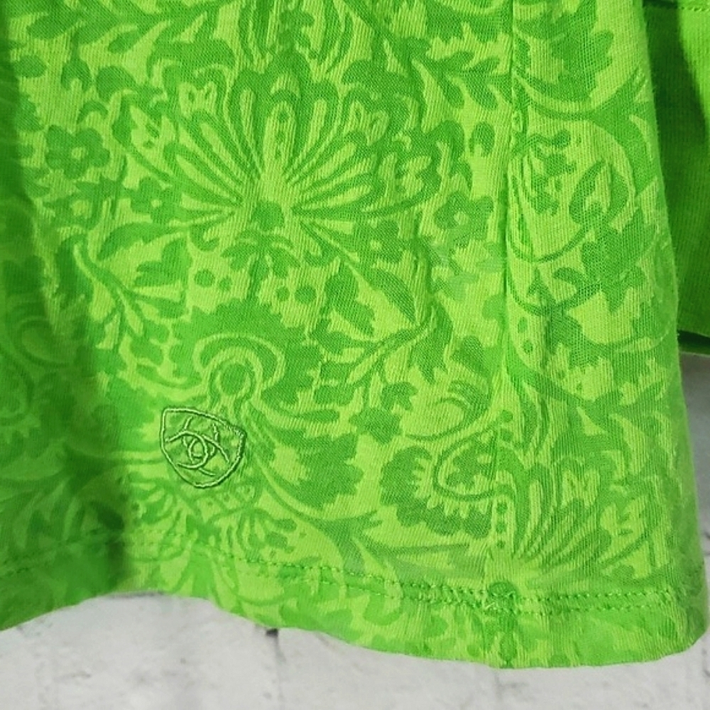 Ariat Long Sleeve Neon Green Paisley Sheer Plunge Button Top Shirt Womens Size M - Picture 3 of 15